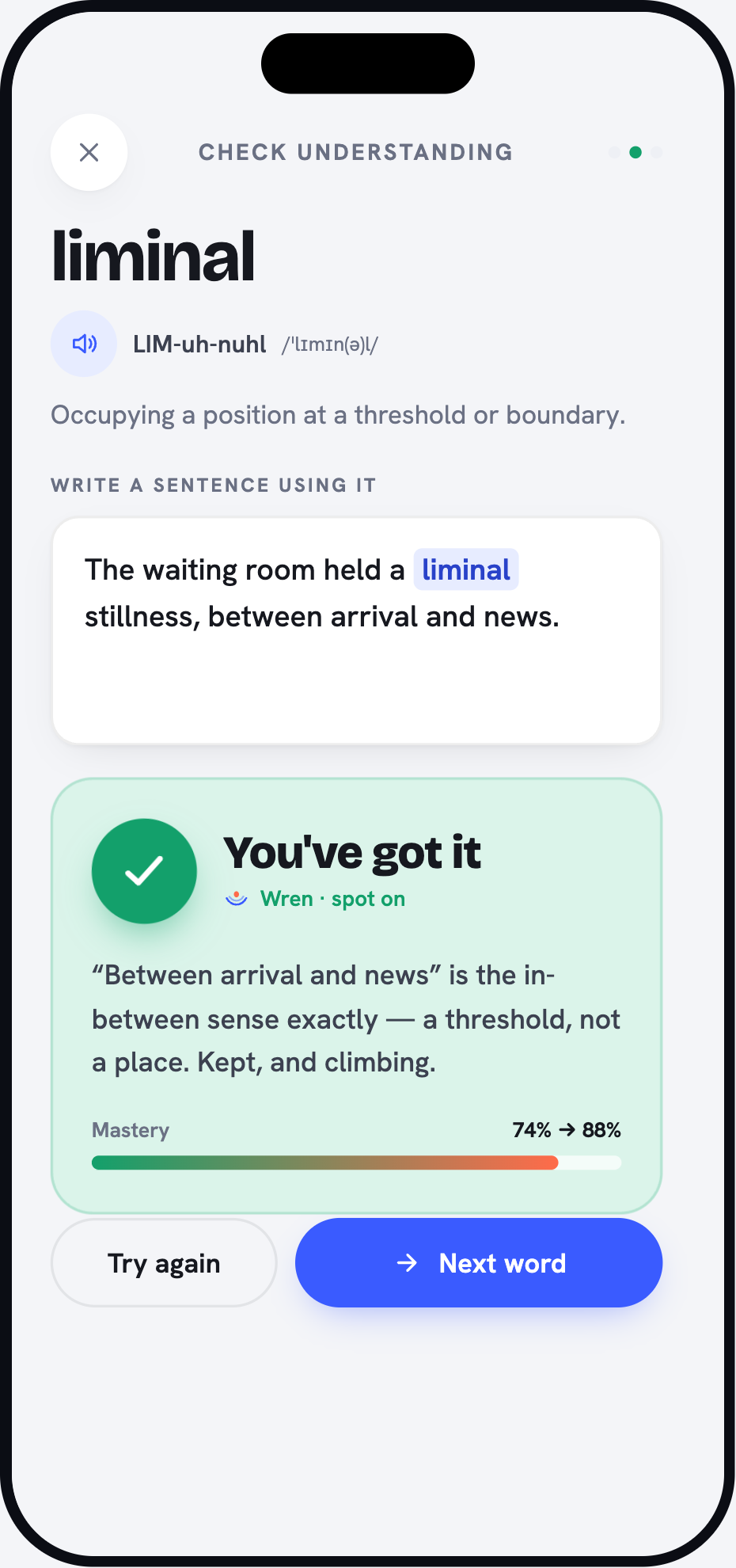 A comprehension check: Wren grades your sentence for the word liminal and explains why