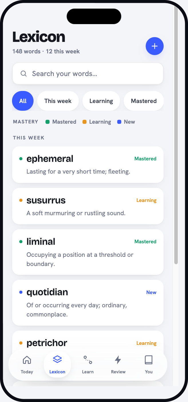 The Lexicon: your collection of kept words, searchable and filtered by mastery